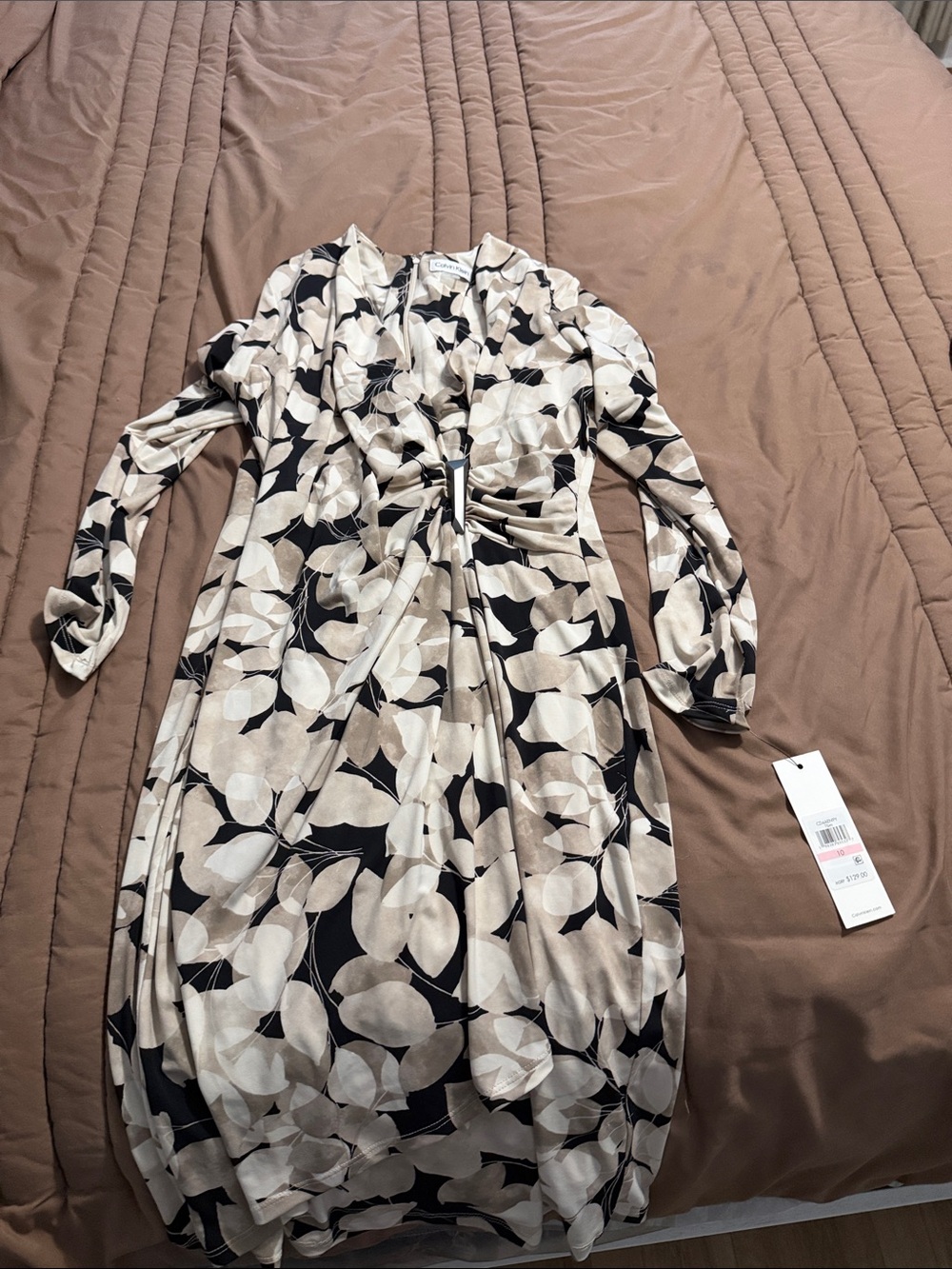 Calvin Klein Beige and Black Long-Sleeve Twist-Front Floral Dress
